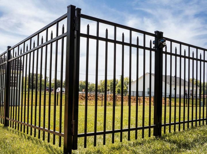 A black metal fence is surrounding a grassy field.