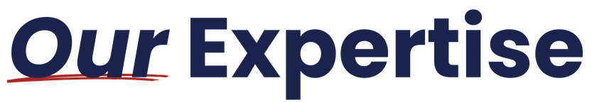 A blue and white logo that says our expertise