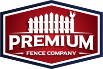 Logo of a fence company with a red, white, and blue hexagon. Contains the words "PREMIUM FENCE COMPANY" and an illustration of a fence with a rooster.