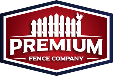 Logo of a fence company with a red, white, and blue hexagon. Contains the words "PREMIUM FENCE COMPANY" and an illustration of a fence with a rooster.