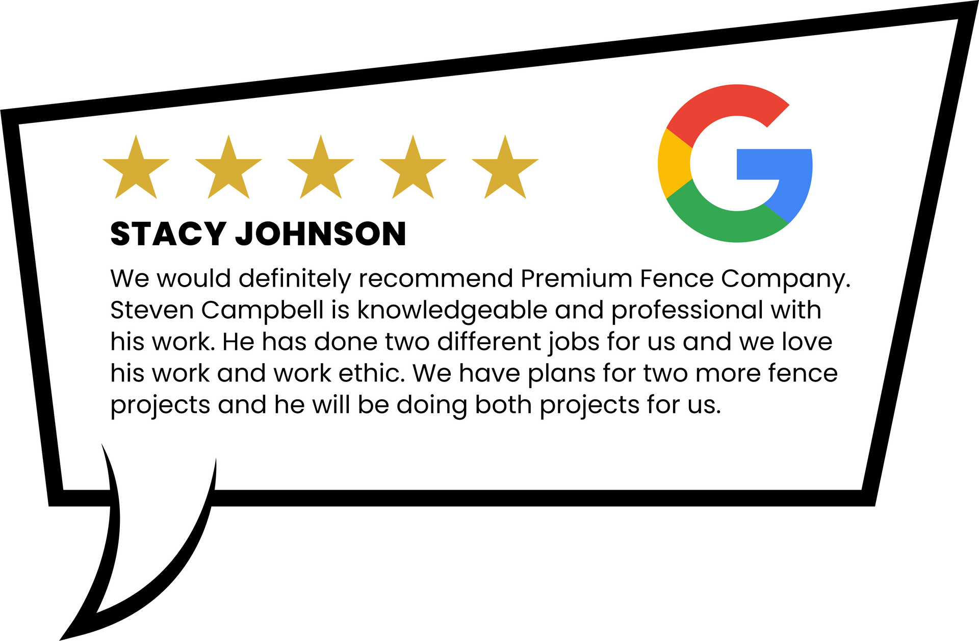 A speech bubble with a google logo and a review from stacy johnson.