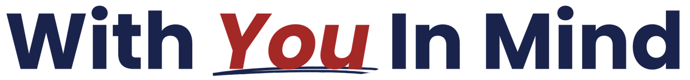A blue and yellow logo that says with you in mind