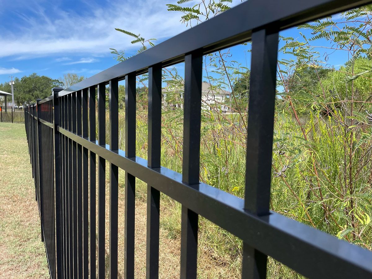 A black metal fence surrounds a grassy field.