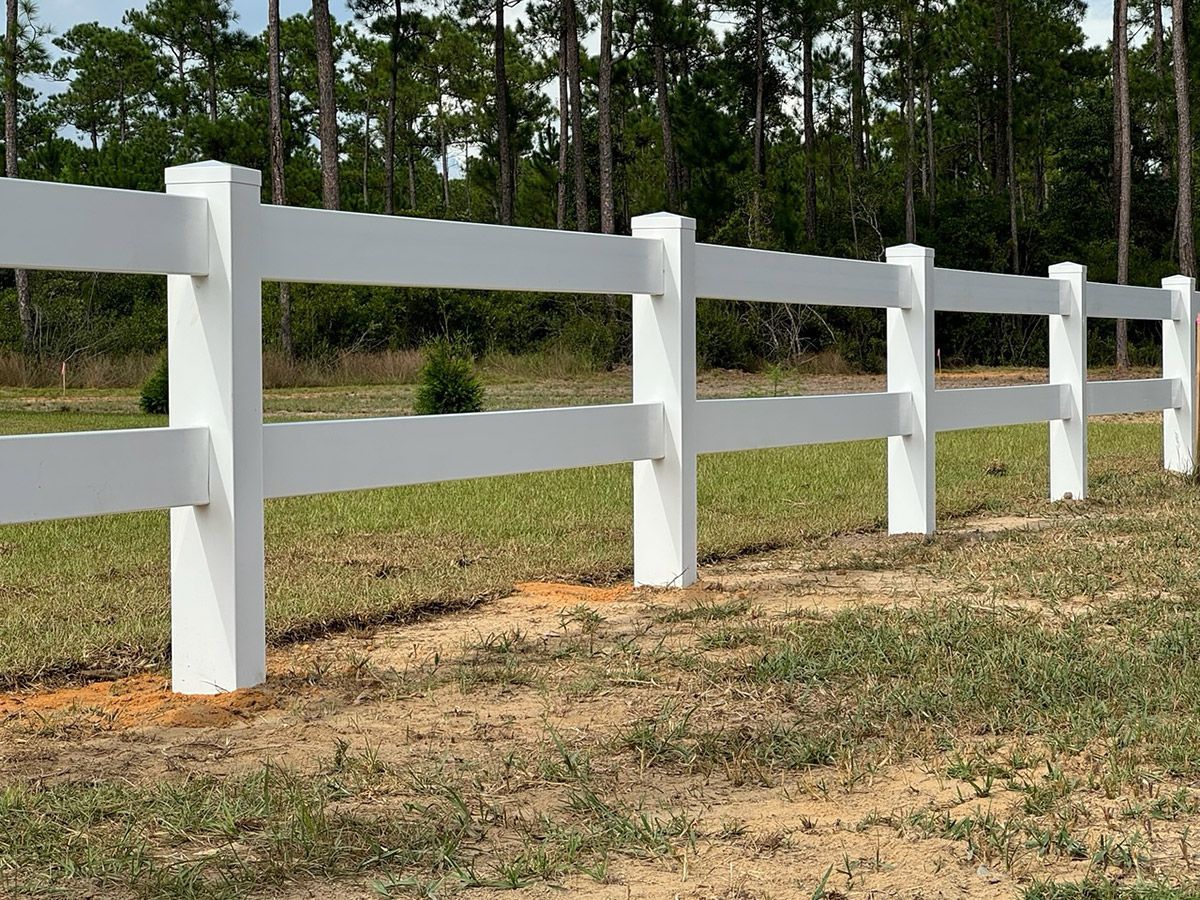 A white fence surrounds a grassy field with trees in the background.