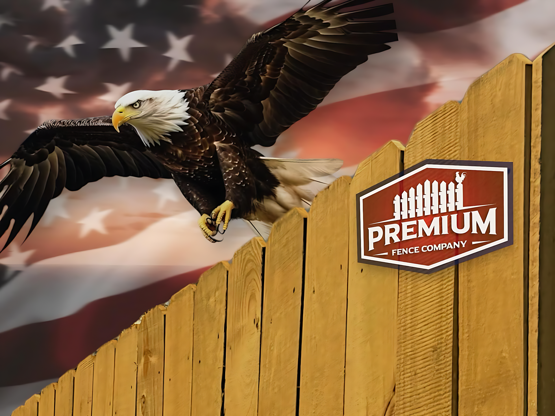 A bald eagle is flying over a wooden fence with a premium sign on it