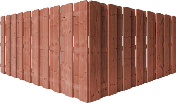 A red wooden fence and a red wooden gate on a white background