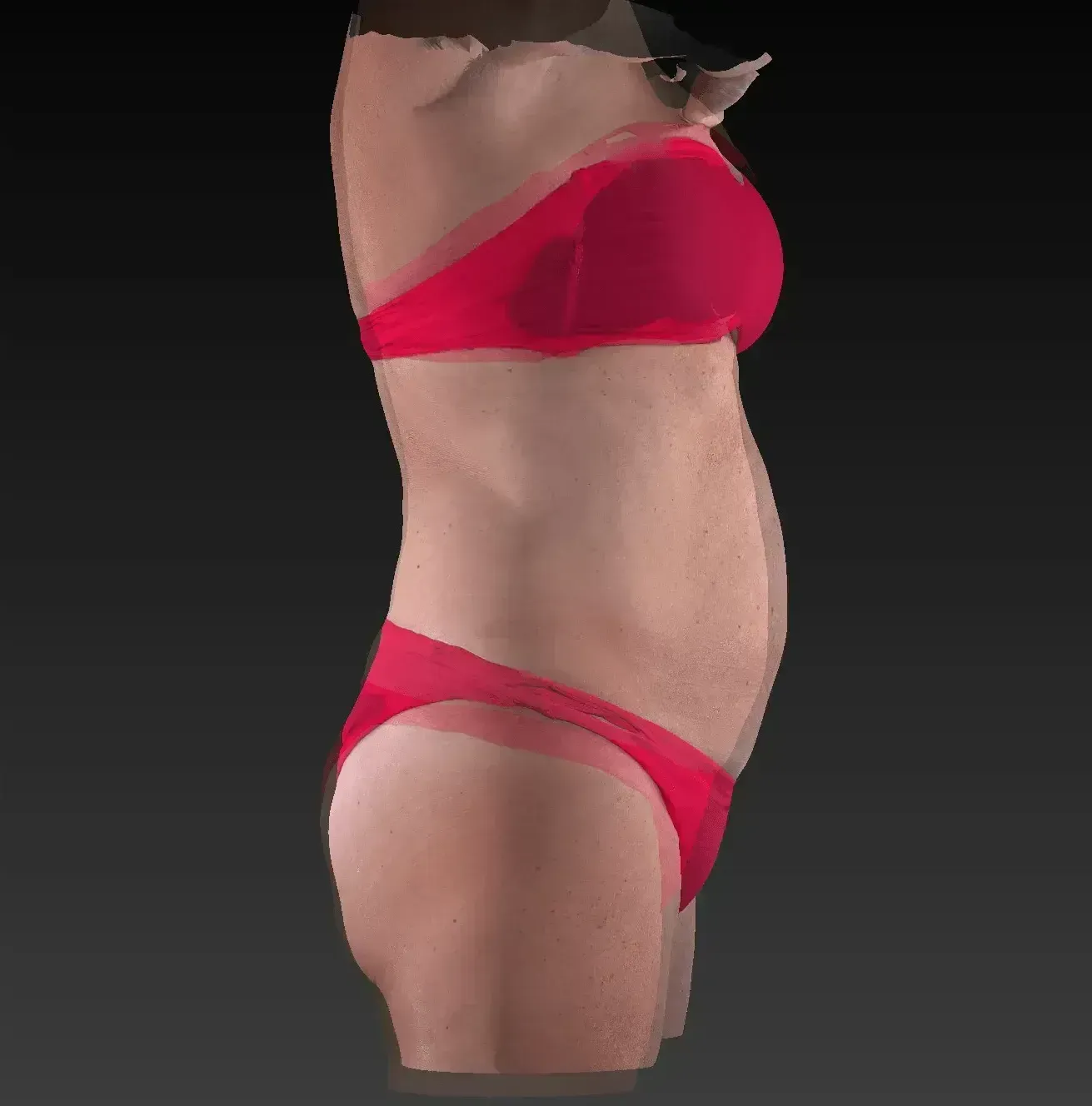 Side view of torso in red bikini against a dark background, showing a slight protrusion in the abdomen.