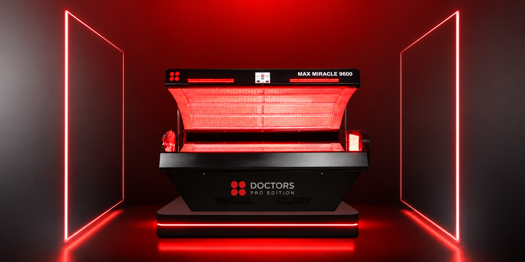 Red light therapy machine in a red-lit room with neon-framed walls.