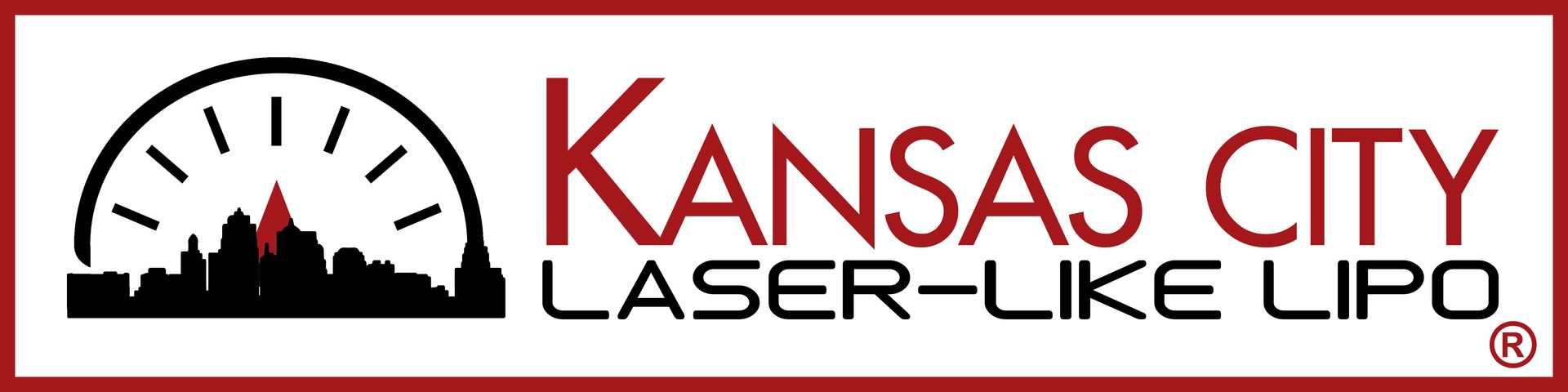Logo for Kansas City Laser-Like Lipo with a skyline and clock graphic, red text on white background with a red border.