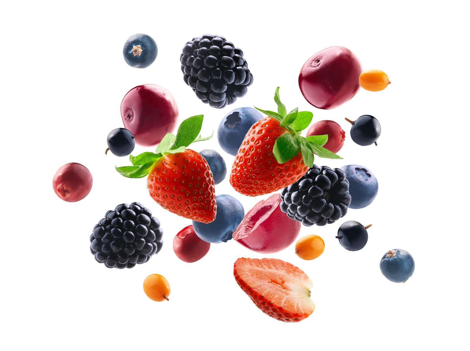Berries (strawberries, blueberries, blackberries, and gooseberries) floating against a white background.