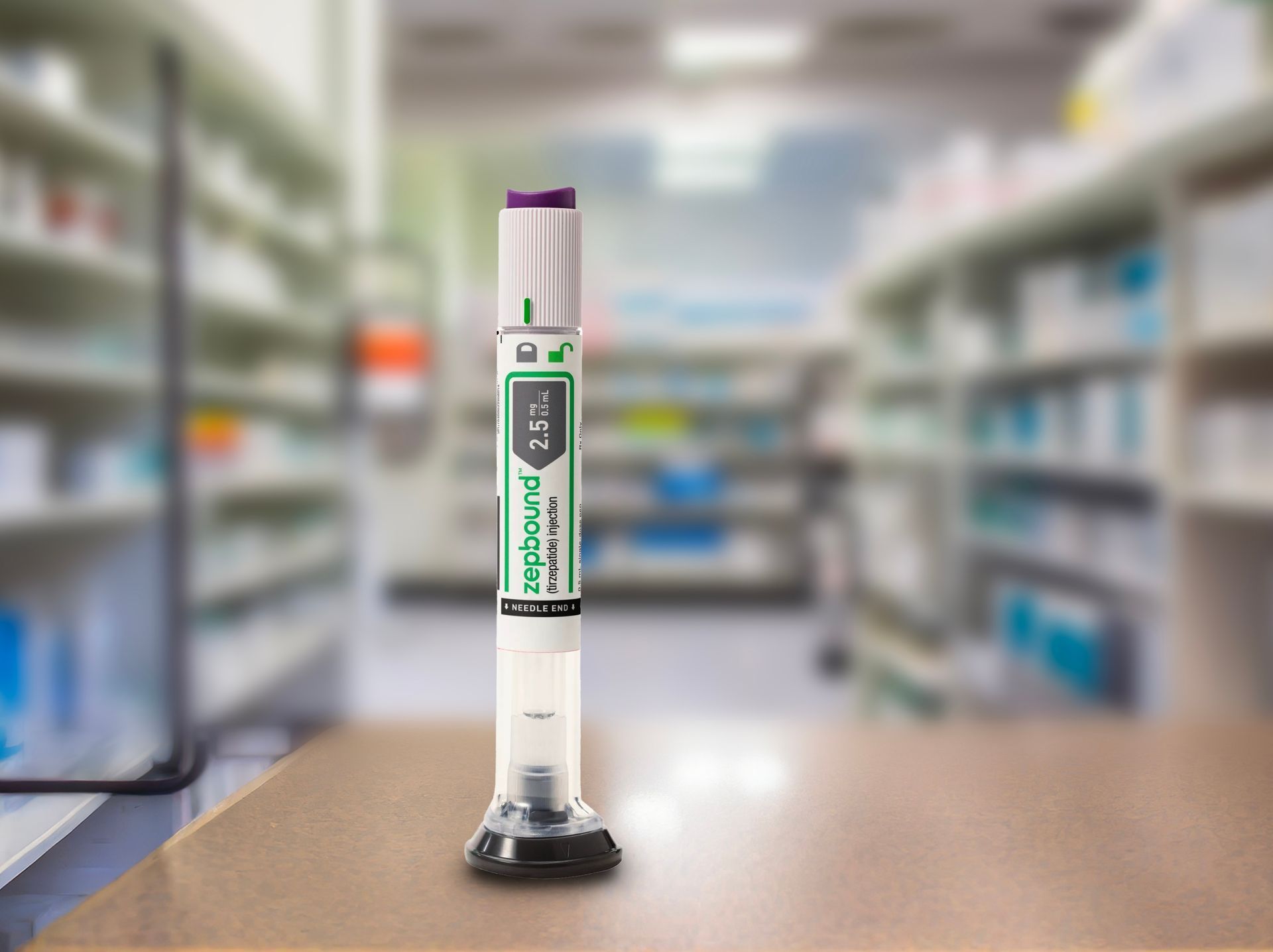 EpiPen standing on a counter in a pharmacy, with shelves and medications in the background.