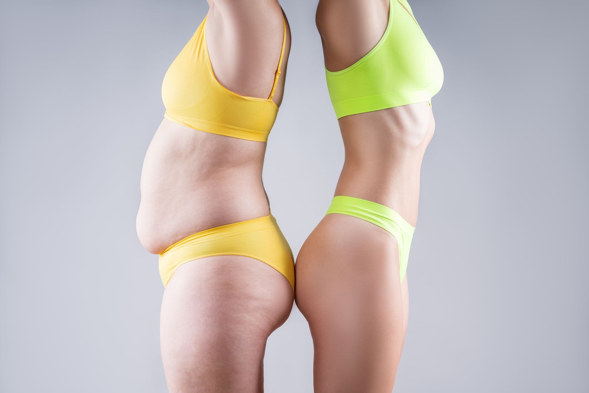 Two women in lingerie; one with a larger waist, one thin; standing back to back.