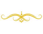 Gold ornamental flourish with symmetrical swirls and small dot accents on a white background