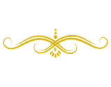 Gold ornamental flourish with symmetrical swirls and small dot accents on a white background