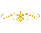 Gold ornamental flourish with symmetrical swirls and small dot accents on a white background