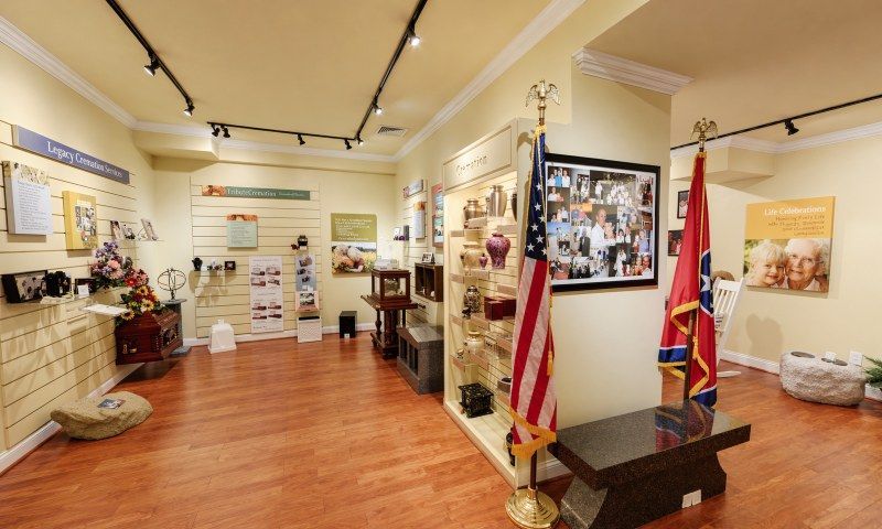 Bellevue, TN Funeral and Cremation Merchandise showroom with urn displays, keepsakes, and memorial items