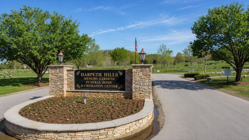 Harpeth Hills entrance for Bellevue, TN Funeral Home and Cremations with landscaped stone sign