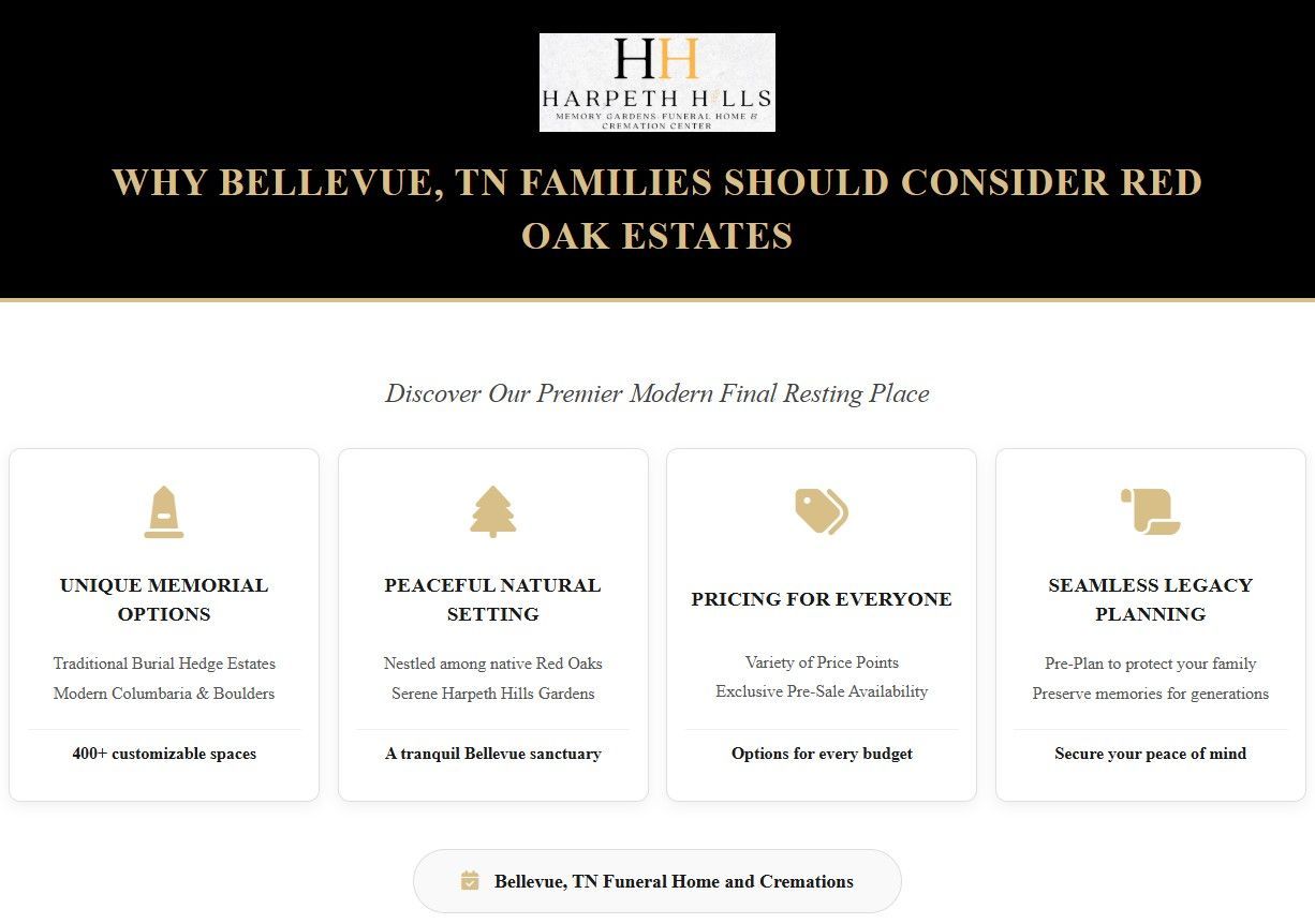Red Oak Estates infographic for Bellevue, TN Funeral Home and Cremations with four key benefits