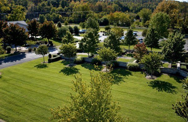 Aerial view of landscaped grounds at Brentwood, TN Funeral Home and Cremations with lawns, trees, and drives