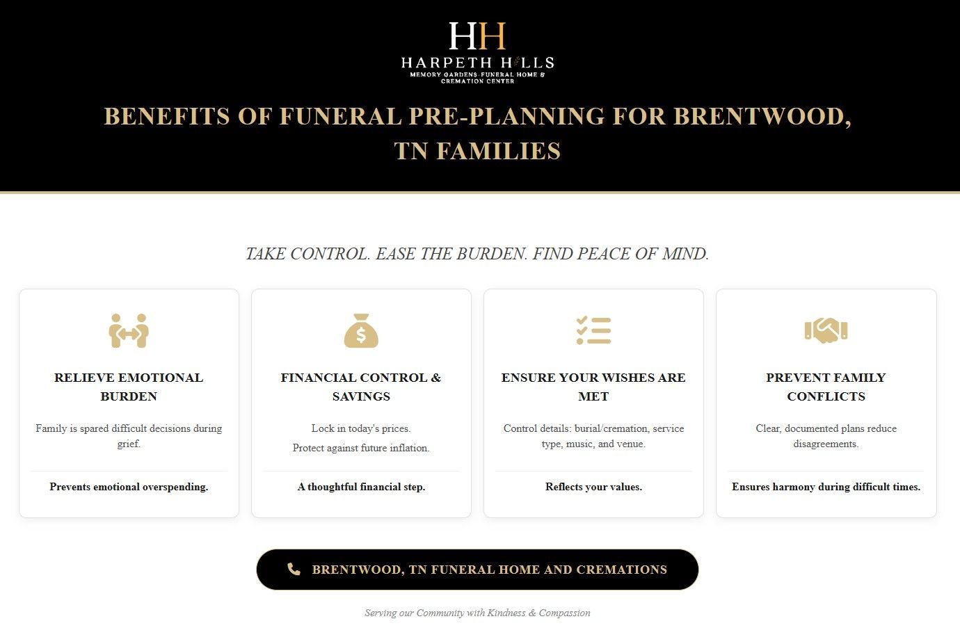  Benefits of funeral pre-planning infographic for Brentwood, TN Funeral Home and Cremations with four benefit panels