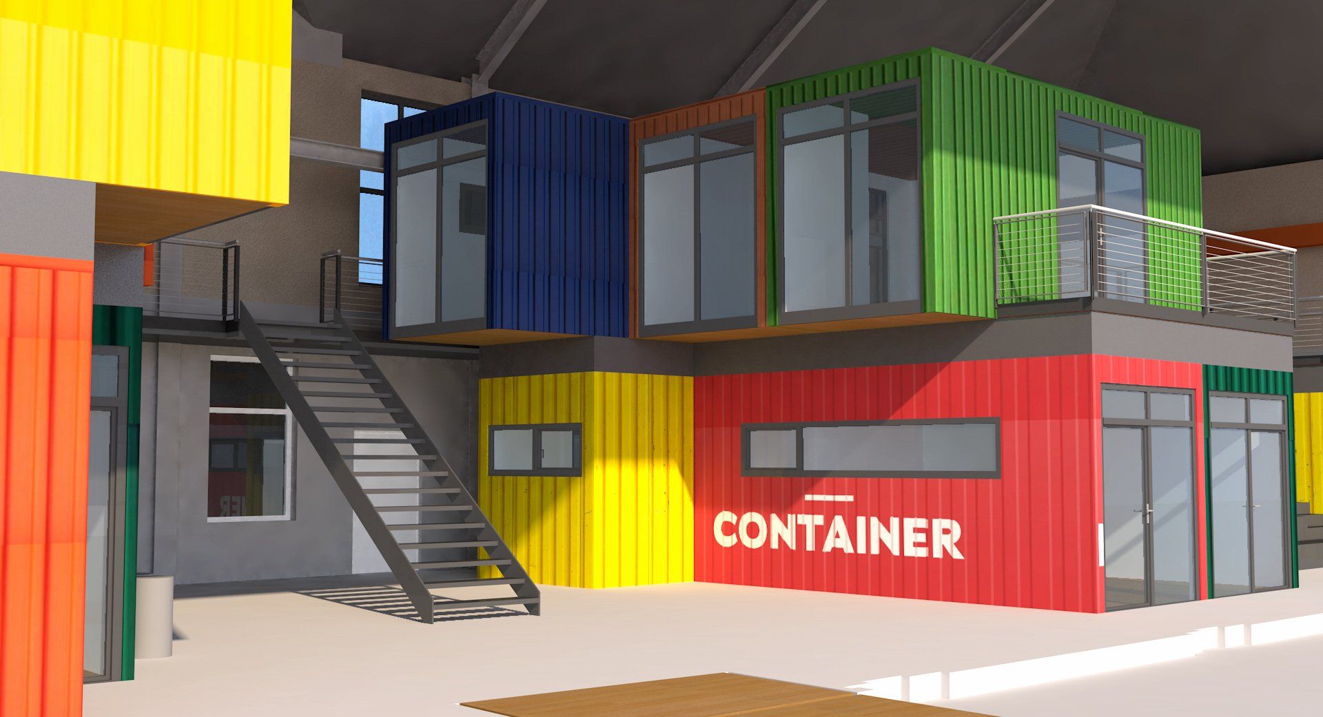 Eine 3D-Darstellung eines Gebäudes aus Schiffscontainern.