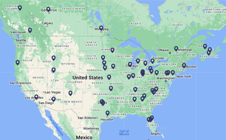 Map of North America with numerous blue location markers, mainly in the US.