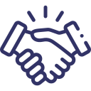 Two hands shaking, outlined in blue, with radiating lines.