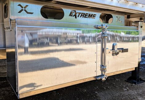 Aluminum storage compartment with the word 