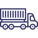 Delivery truck with container, side view, blue outline.