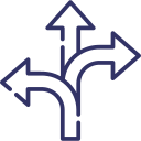 Three diverging arrows pointing left, up, and right.