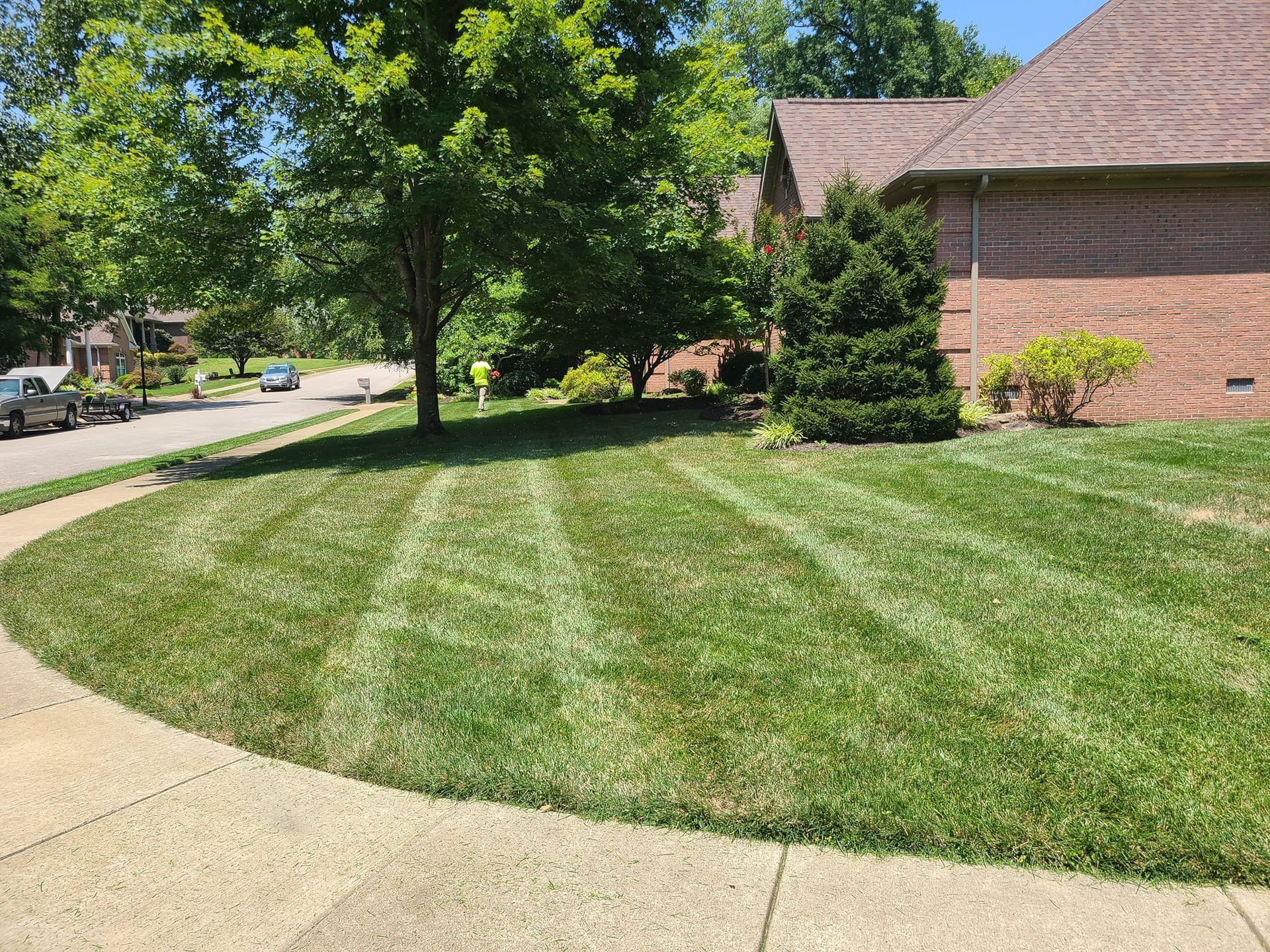 Lawn with freshly mowed stripes in front of a brick house on a sunny day.