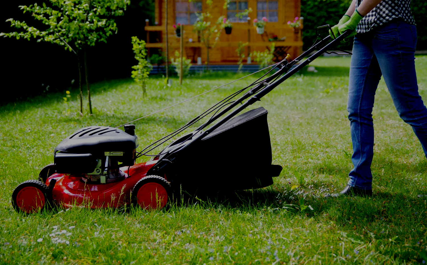 Person mowing grass with a red lawnmower in a backyard, wearing jeans and green gloves.