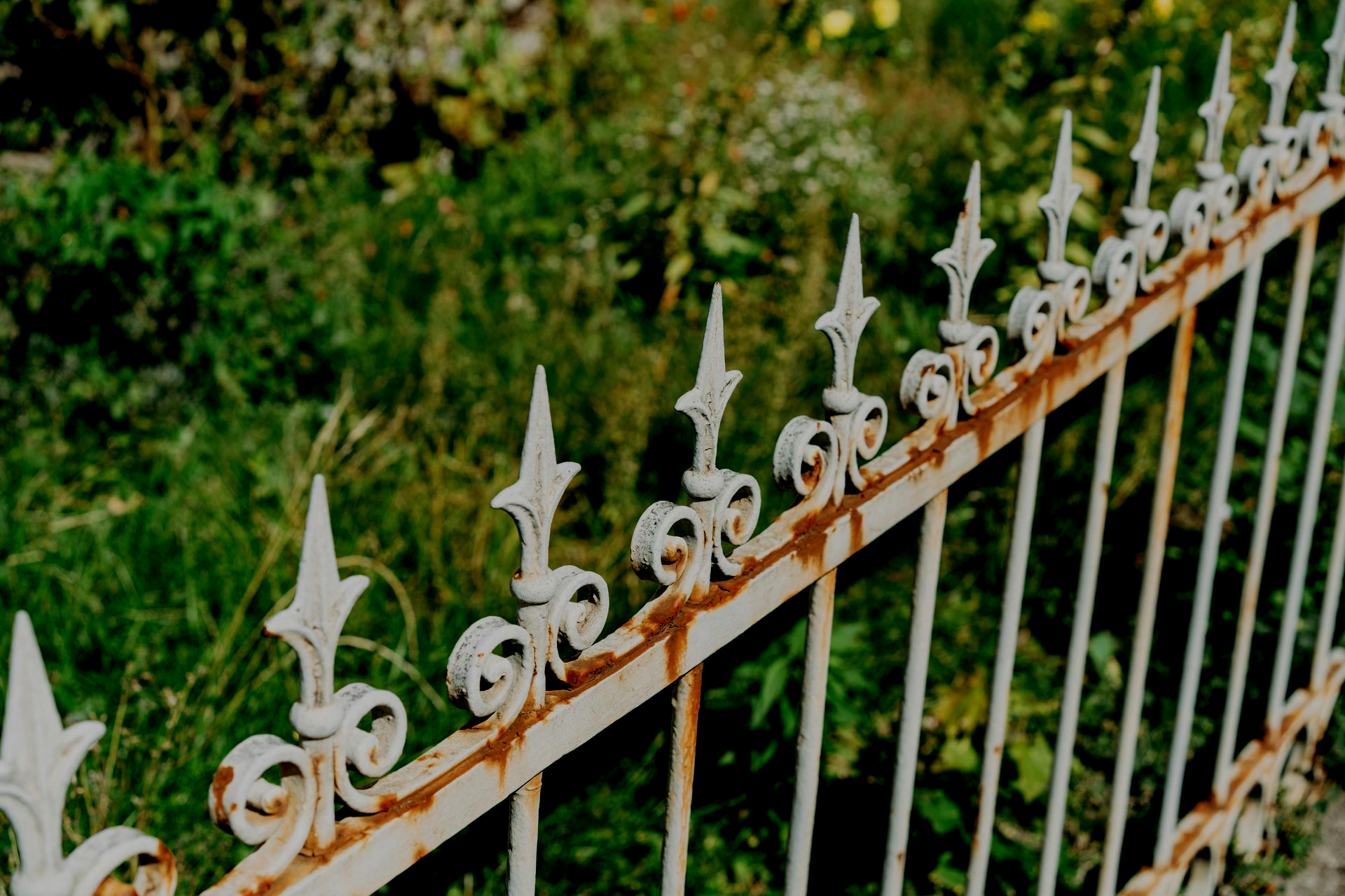 Rusty white metal fence with decorative finials, green foliage in the background.