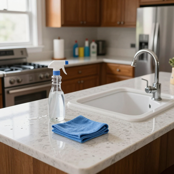 Kitchen countertop with spray bottle and folded blue cloth beside a sink and stove