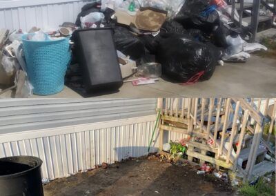 Two views of trash piled near a building, including bags, baskets, and a TV.