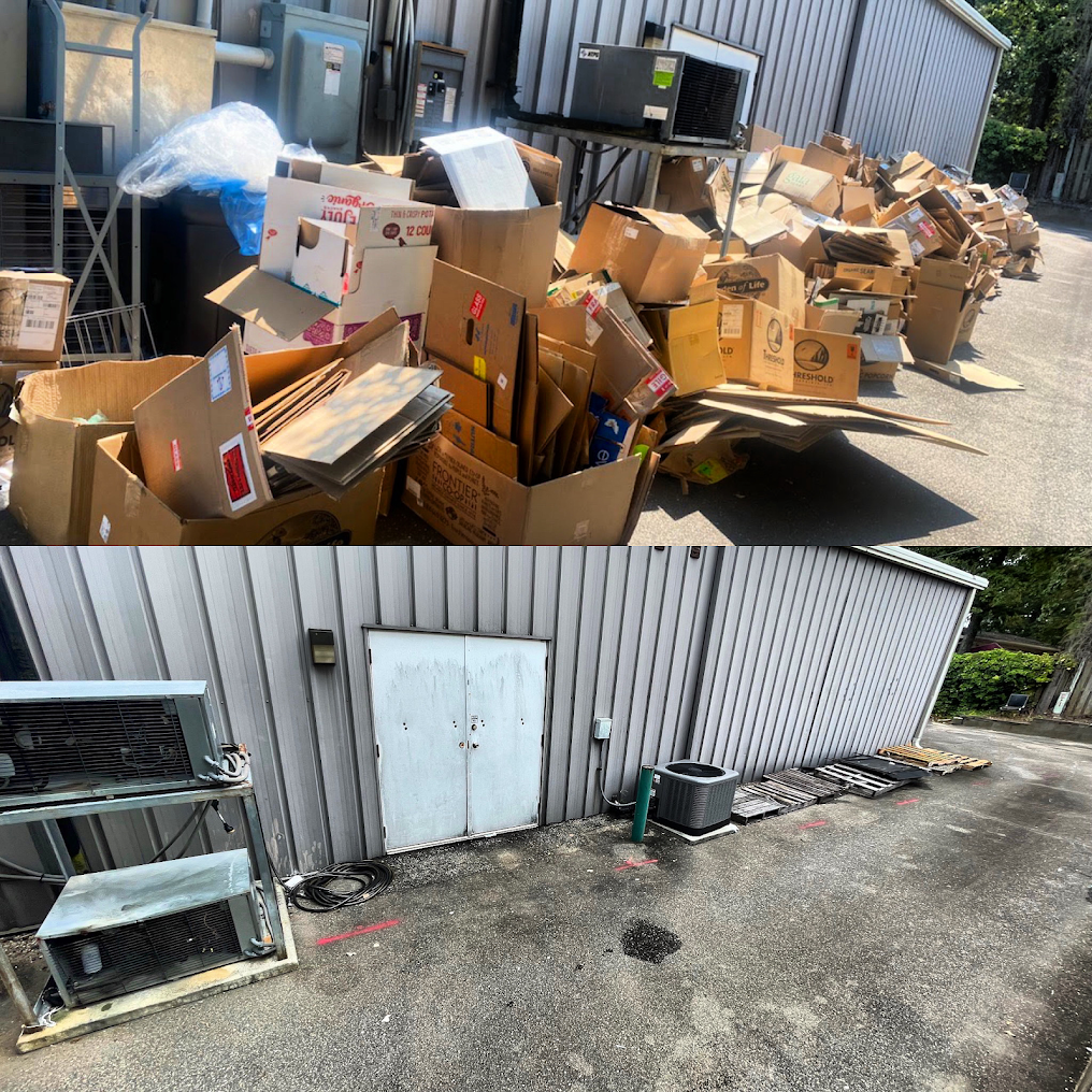 Before and after shots of a building exterior. Cardboard boxes and debris are removed, revealing a clean space.