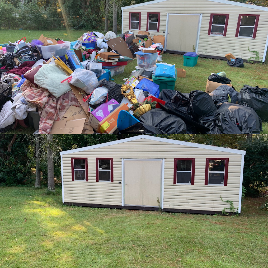 Before/after photo: yard shed surrounded by a large pile of trash, then a clean shed on a green lawn.