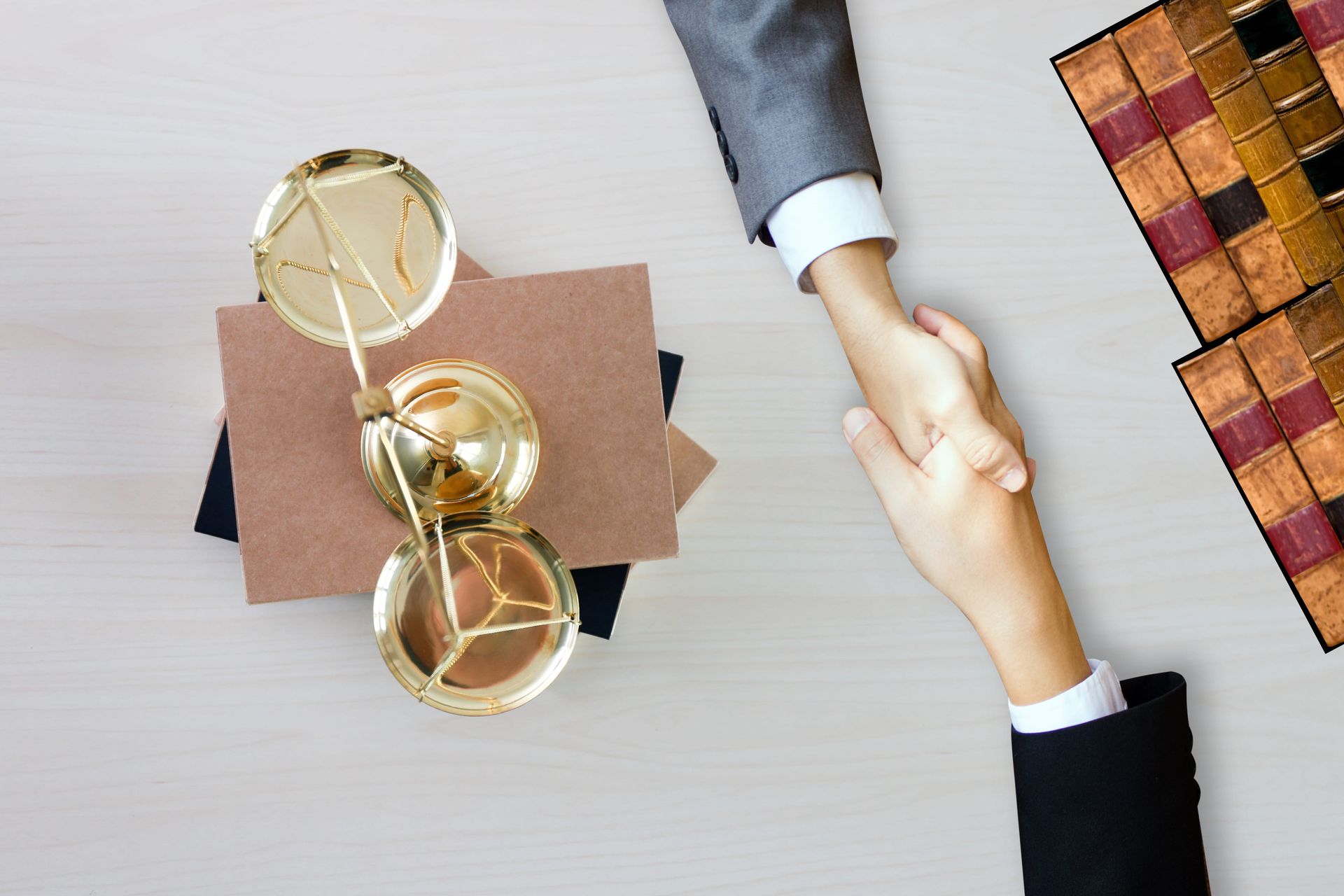 Two people shaking hands over a desk with gold decor and a notebook