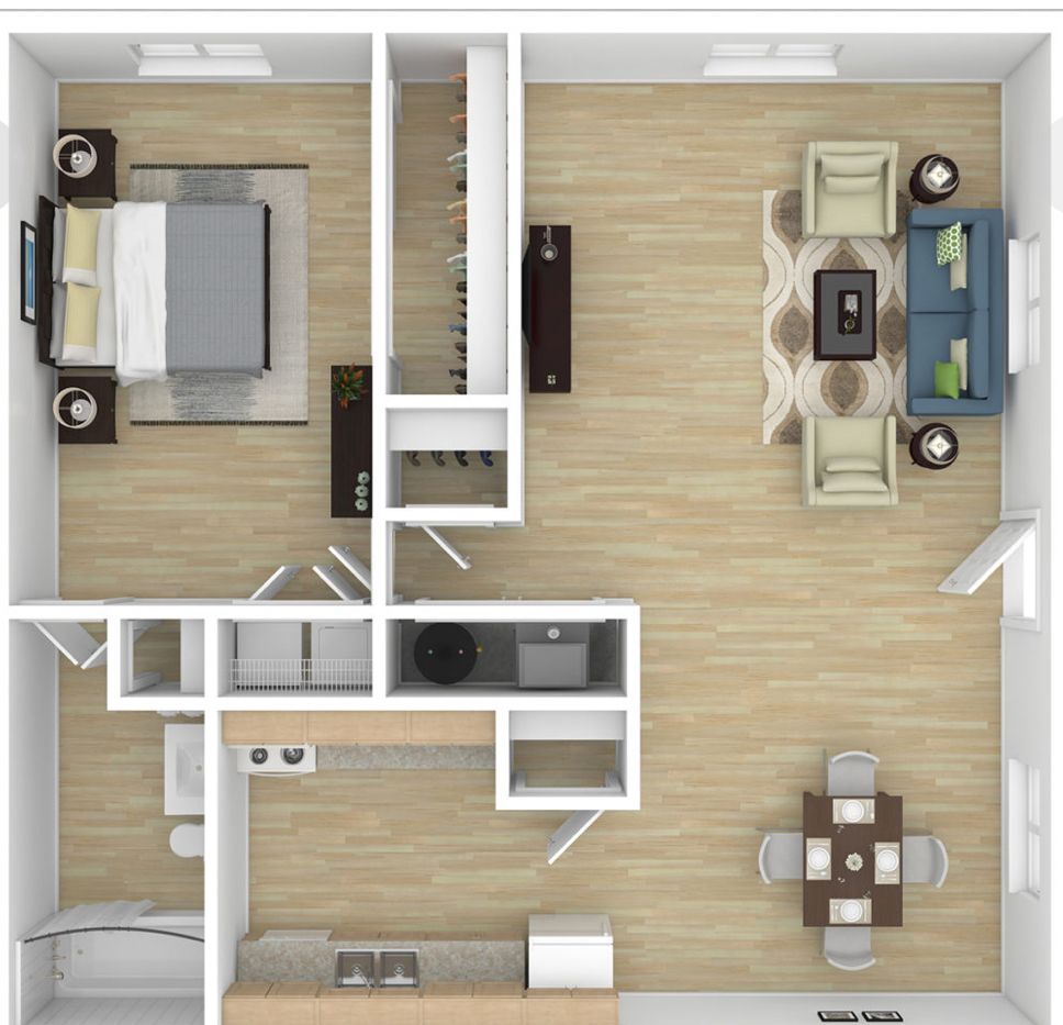 Top-down floor plan of a two-bedroom apartment with living, dining, kitchen, and bathroom areas.