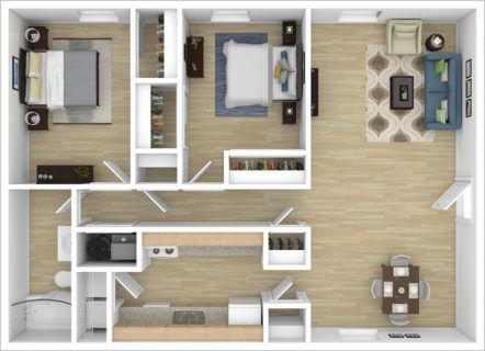 Top-down floor plan of a two-bedroom apartment with living room, kitchen, dining area, and bathroom.