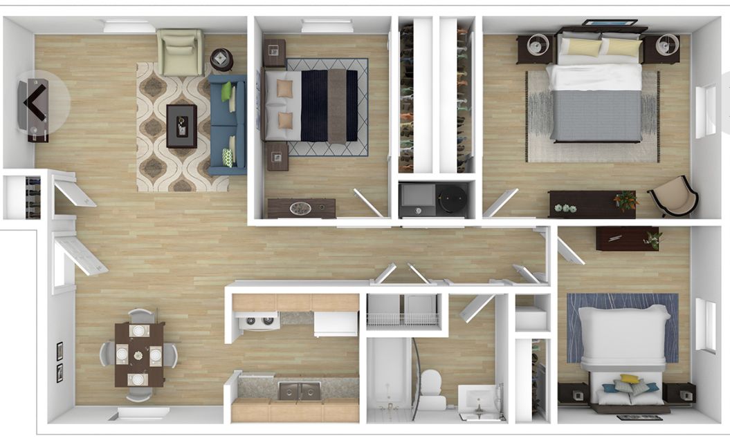 Top-down floor plan of a small apartment with living room, kitchen, bathroom, bedroom, and dining area.