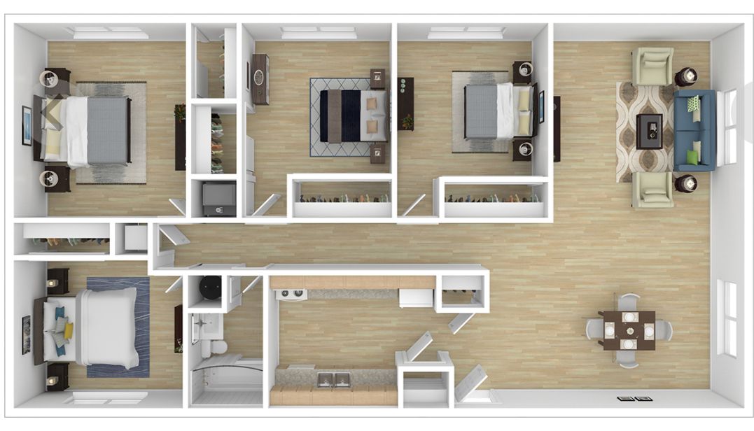 Top-down floor plan of a small apartment with two bedrooms, bath, living room, kitchen, and dining area.