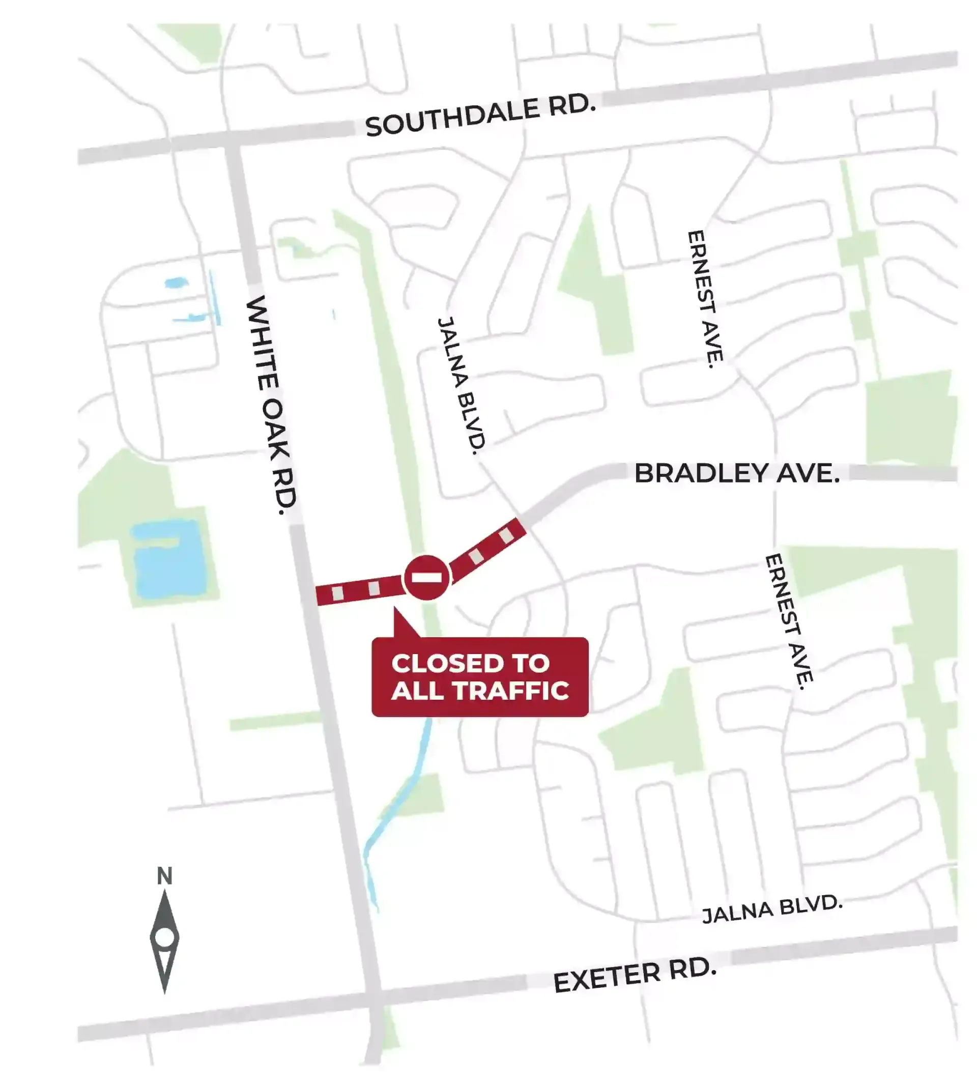 A map showing the closed section of Bradley Ave.
