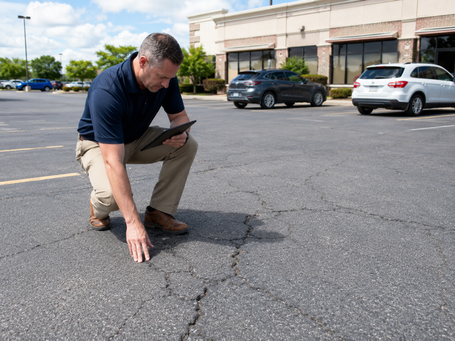 property manager inspecting asphalt repair maintenance needs