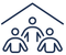 A line drawing of three people standing under a roof.
