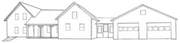A black and white drawing of a row of houses with garages.