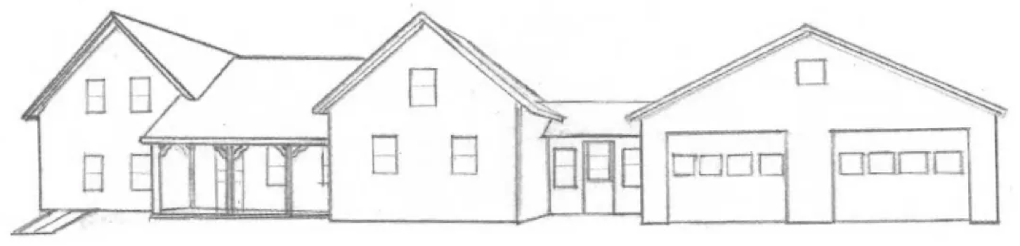 A black and white drawing of a row of houses with garages.