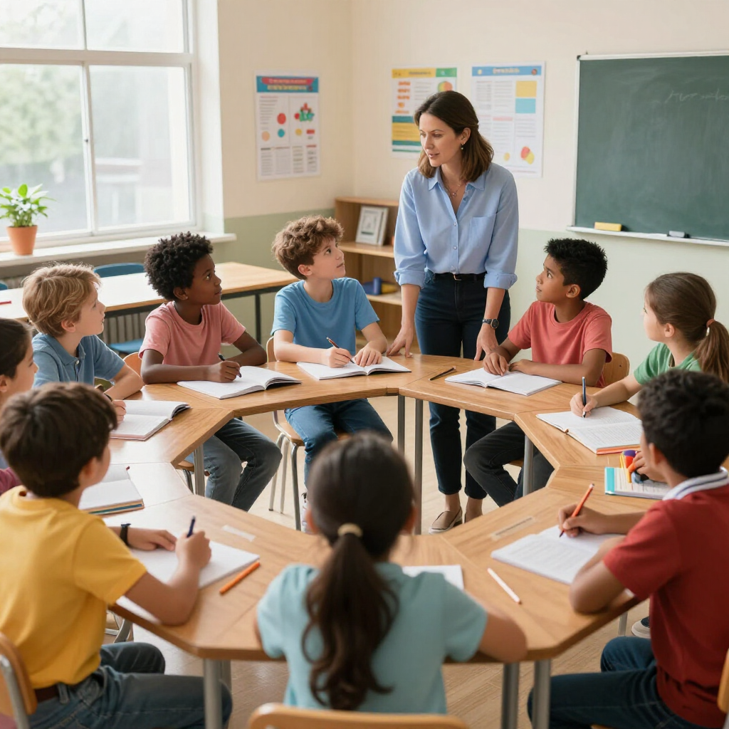 Kinderen met verschillende etnische afkomsten zitten samen in de klas en luisteren naar uitleg van de leerkracht