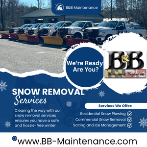 B&B Maintenance snow removal ad with plowed vehicles, blue sky, and services listed on a snowy background