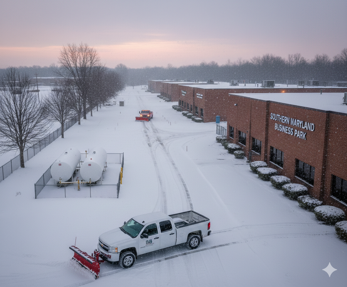 B&B maintenance is plowing a commercial parking lot in Southern MD